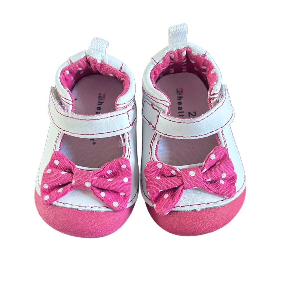 Healthtex Infant White/Pink Polka Dot Bow Mary Jane Walkers Sz 2